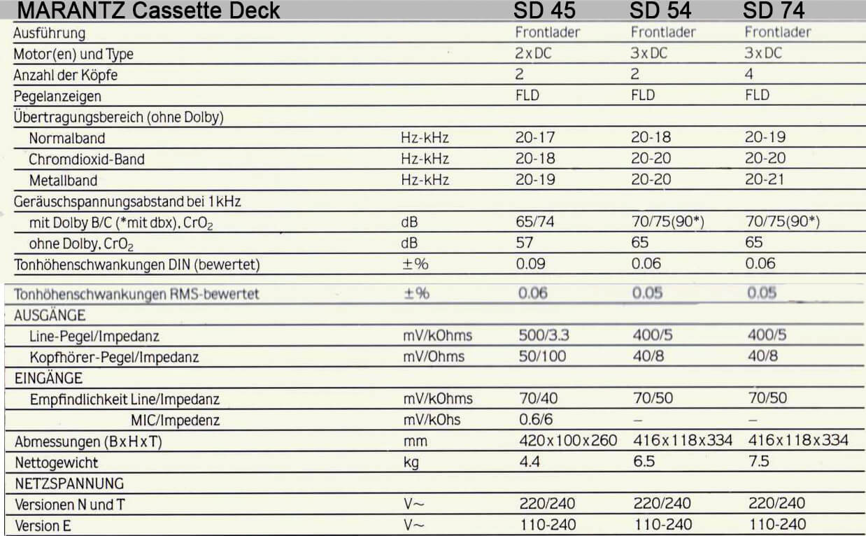 marantz sd 45 54 74 cassette deck specification